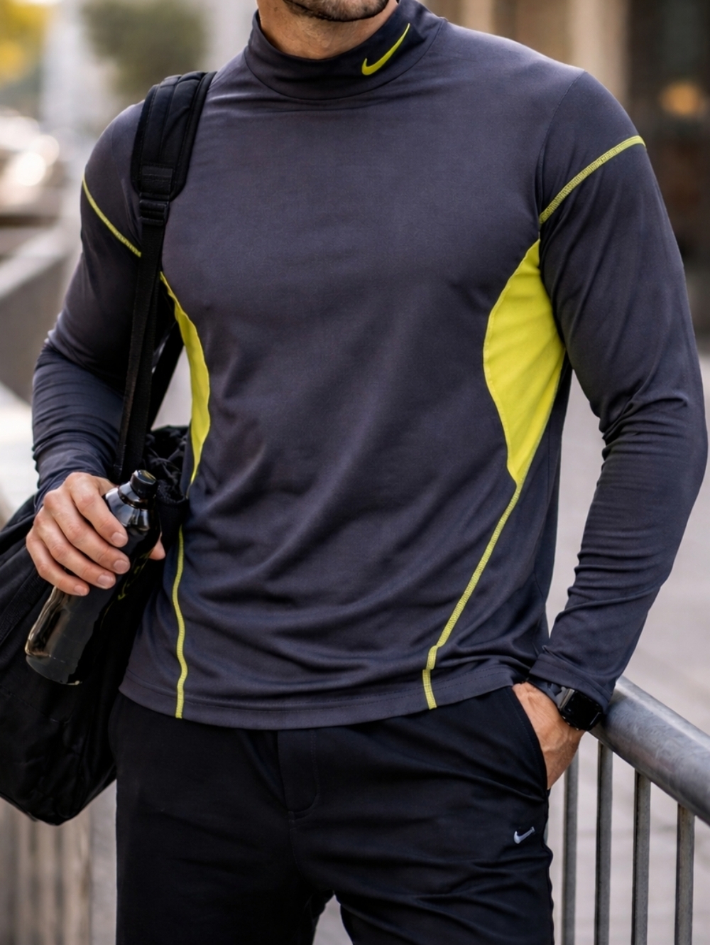 Nike Pro Combat Fitted Long Sleeve Performance Top Black Neon Yellow Athletic